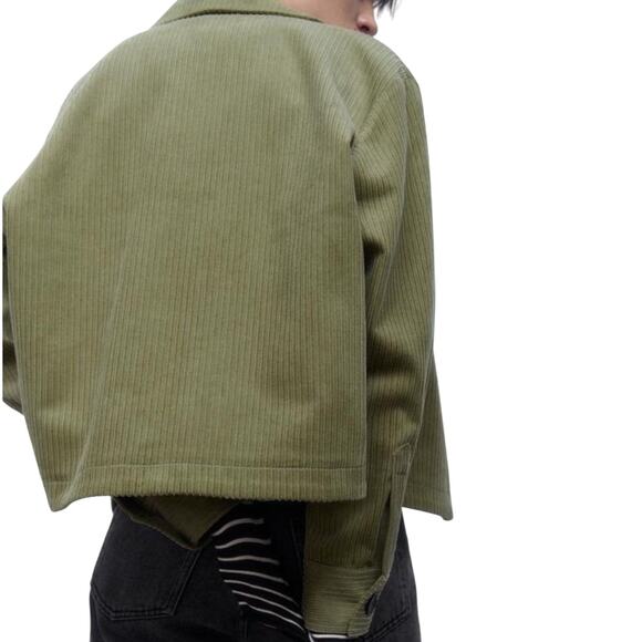 Zara Corduroy Overshirt Green Cropped Jacket Cotton Button Front Women's XS - Picture 7 of 7